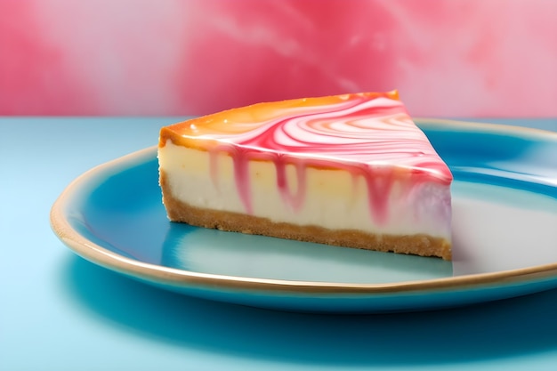 Een stuk cheesecake met roze en wit glazuur.