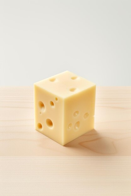 Een stuk edam kaas gesneden in de vorm van een kubus op een houten keukentafel trend kubus kaas stuk