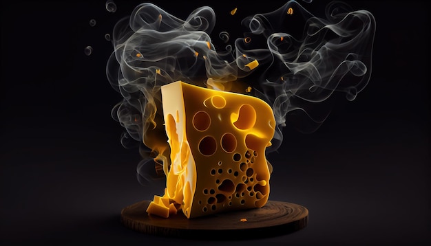 Een stuk kaas waar rook uit komt