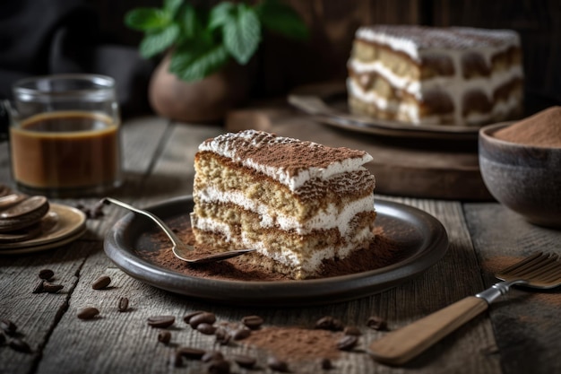 Een stuk koffiecake met een lepel op een bord met koffiebonen aan de zijkant.