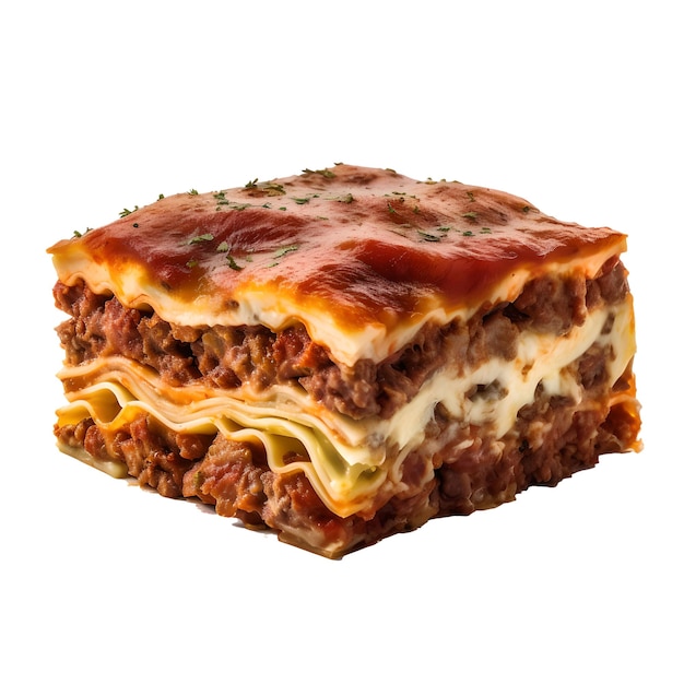 Een stuk lasagne isolaat op witte achtergrond