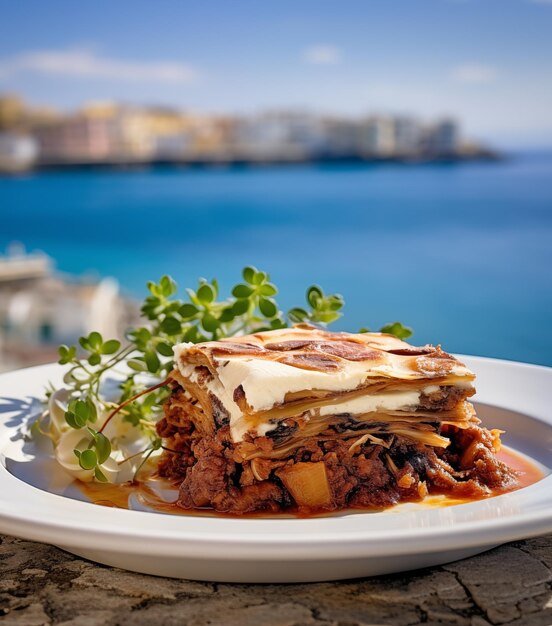 Foto een stuk moussaka op het bord tegen de kust.