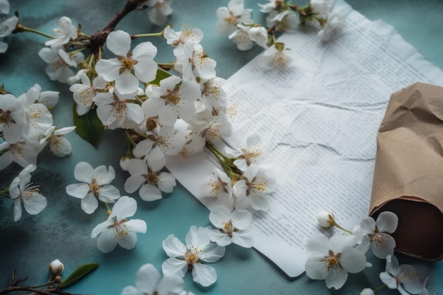 Een stuk papier met een pagina met witte bloemen erop