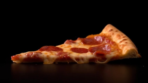 Een stuk pepperonispizza op een zwarte achtergrond.