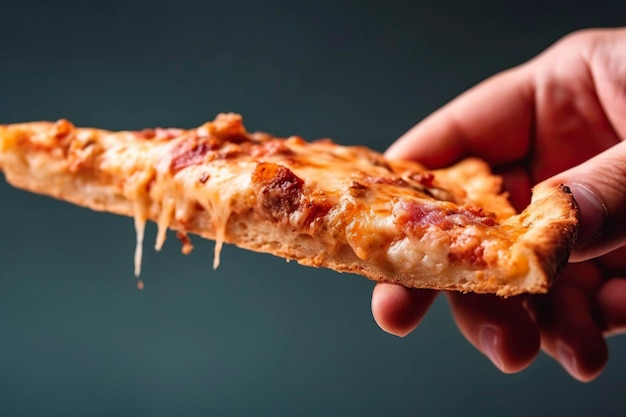 Een stuk pizza in één hand met vette kaas