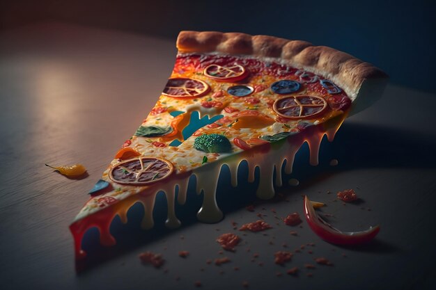 Foto een stuk pizza met een stuk pizza met een schijfje citroen en een schijfje tomaat erop.