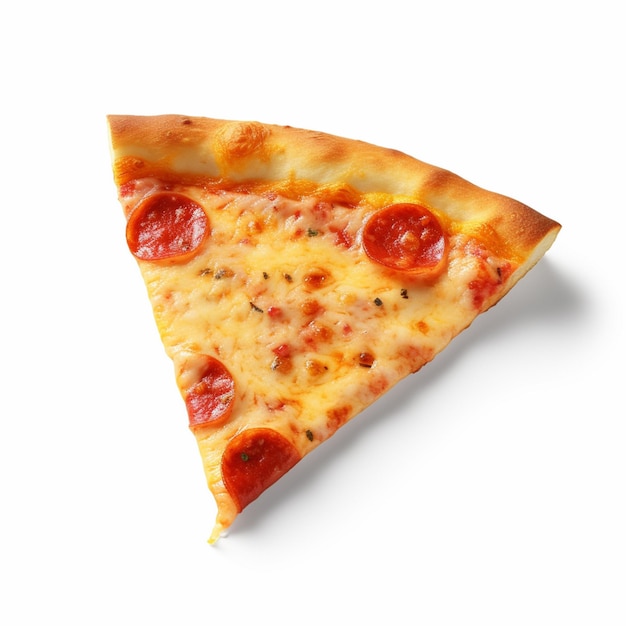 Een stuk pizza met pepperoni en kaas erop