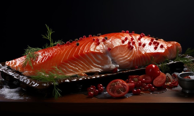 Een stuk rode zalm ligt op tafel met tomaten en groenten.