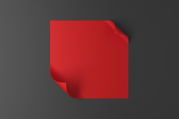 Een stuk rood papier met gebogen randen op een grijze achtergrond 3d render-afbeelding