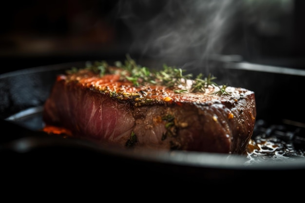 Een stuk sappige steak met groenten wordt gebakken in een pan closeup generatieve ai