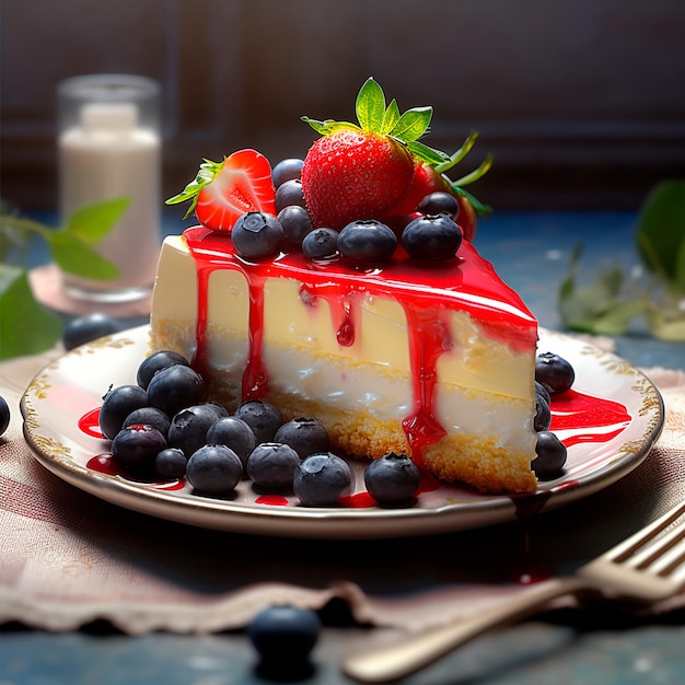 Een stuk taart met aardbeien en bosbessen op een bord op een houten tafel een heerlijk dessert