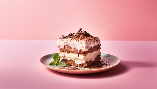 Foto een stuk tiramisu taart op de roze achtergrond