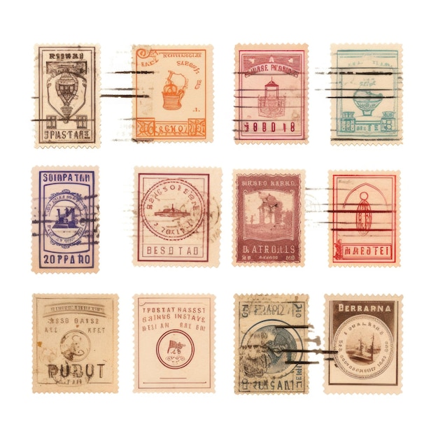 Foto een stuk vintage postzegels geïsoleerd op een witte achtergrond