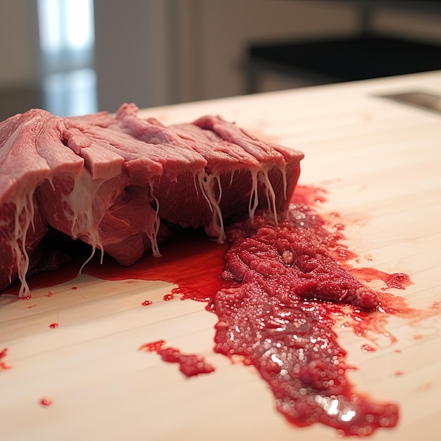 Foto een stuk vlees staat op een houten tafel met een mes.