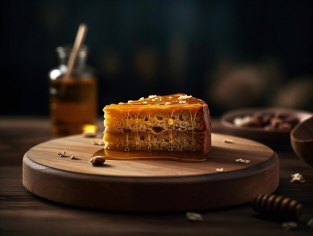 Een stuk Yummy Bisquit Honey Cake op houten achtergrond Low Key Food Photo Generative Ai