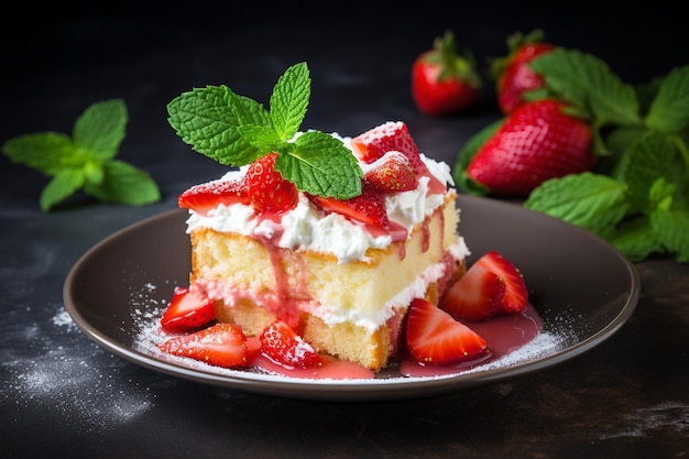 Een stukje aardbeienkoek geserveerd met een kant van passiefruit coulis