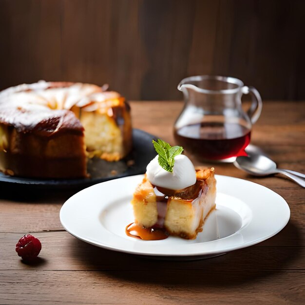 Een stukje cheesecake met een bolletje ijs erop.