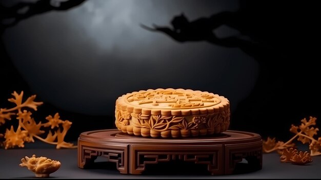 Een stukje Chinese MidAutumn Festival gastronomische maancake op een zwarte achtergrond