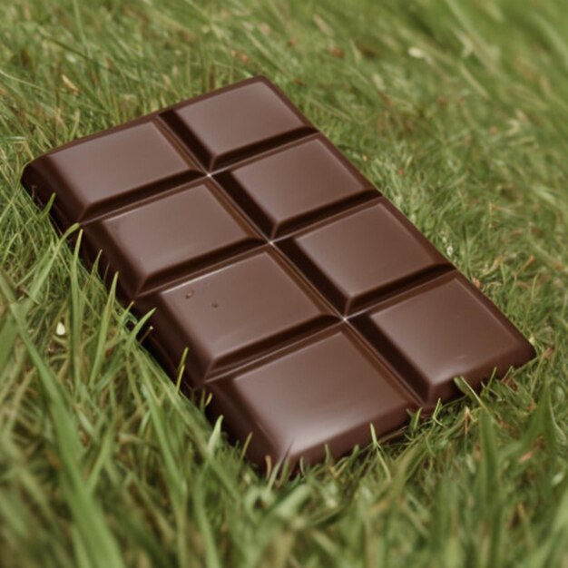 Foto een stukje chocolade zit in het gras.