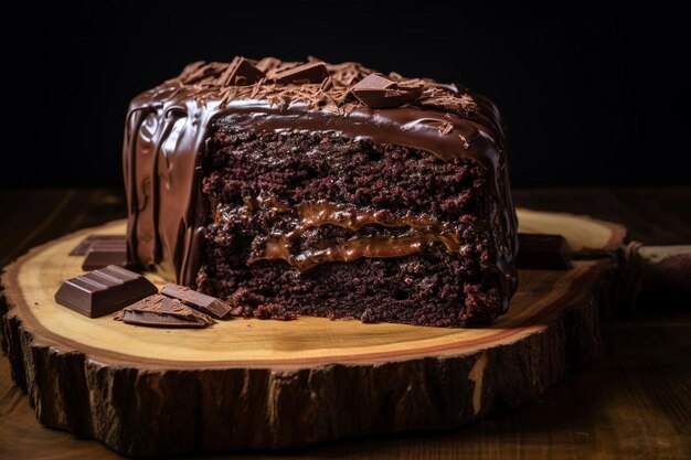 Een stukje chocoladecaramel in een houten bord.