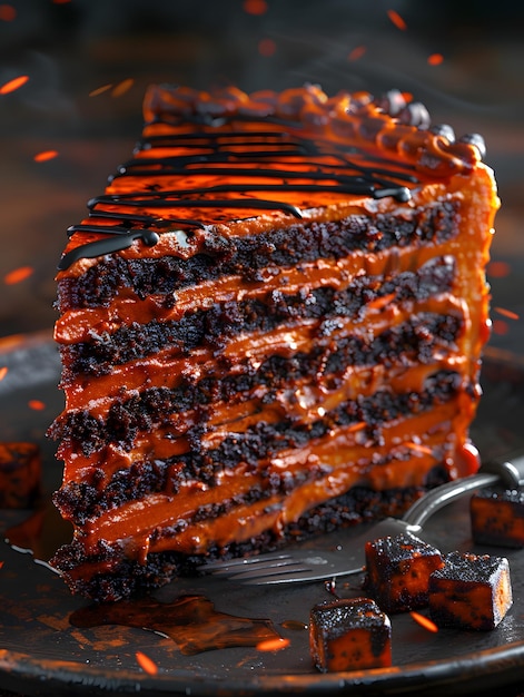 Een stukje chocoladekoek met een vork op een bord