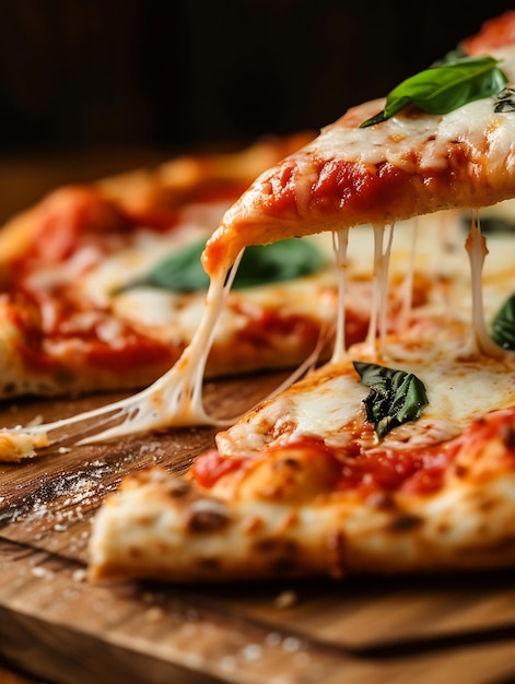 Een stukje warme Italiaanse pizza met stretching kaas Pizza vier kazen met basilicum Generatieve AI