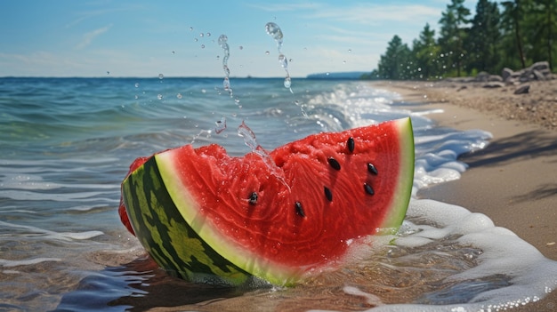 Een stukje watermeloen dat in de oceaan valt.