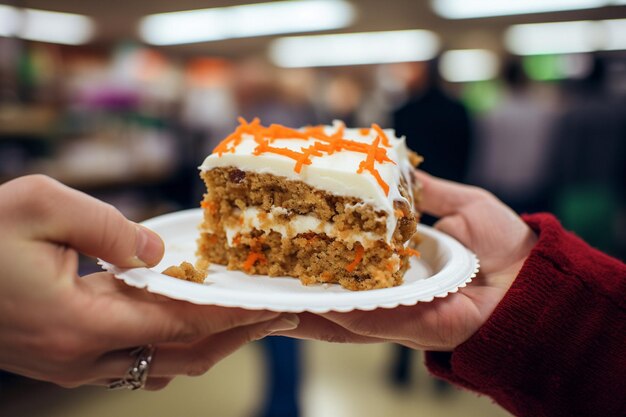 Foto een stukje wortelkoek dat wordt gedeeld bij een bijeenkomst in een kerkelijke gemeenschapshal