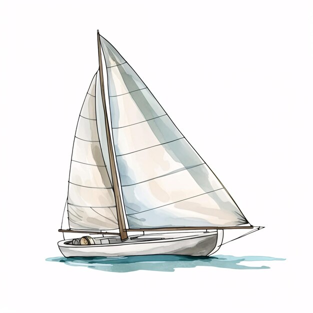 Een subtiel geschilderd aquarelbeeld van een zeilboot, liefdevol met de hand gemaakt, staat alleen tegen een achtergrond