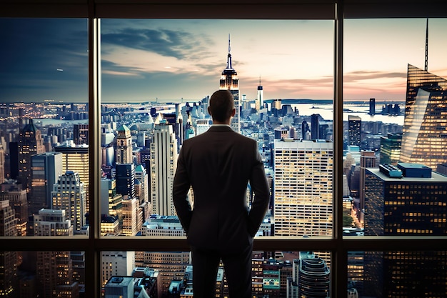 Foto een succesvolle gemotiveerde inspirerende ondernemer zakenman die uitkijkt op stadsgebouwen