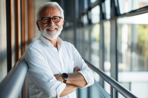 Een succesvolle glimlachende senior zakenman adviseur poseert in een modern kantoor