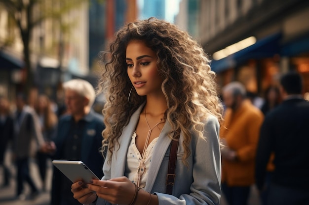 Een succesvolle multinationale zakenvrouw loopt met een tablet door de straat van een moderne mythe.