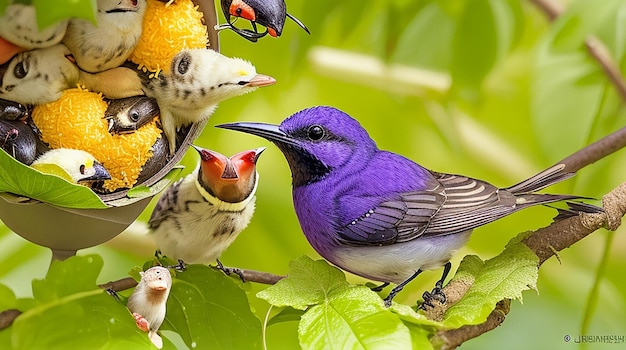 Een sunbird Nectarinia jugularis vrouwtje met een snavel vol voedsel die haar pas uitgekomen jongen zorgvuldig voedt