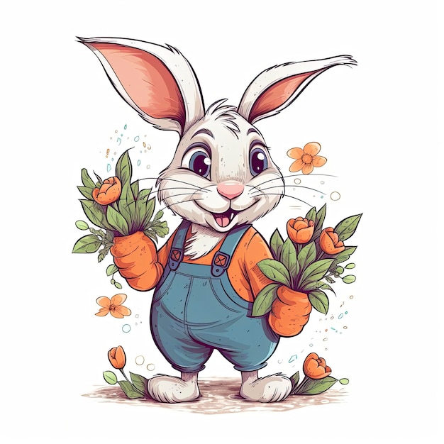 Een super schattig cartoon konijn pluizig hoppend kleurrijk met grote ogen en een charmante glimlach met een wortel omringd door bloemen op een zonnige dag cartoon stijl gegenereerd ai