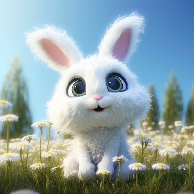 Een super schattige baby Pixarstyle witte fee konijn glanzend wit pluizig grote heldere ogen pluizige staart glimlach sprookje gegenereerd ai