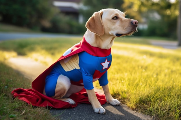 Een superheld hond in een kostuum met een rode cape en een ster op straat