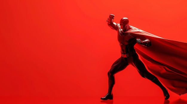 Foto een superheld met een rode cape slaat de lucht terwijl hij op een rode achtergrond staat