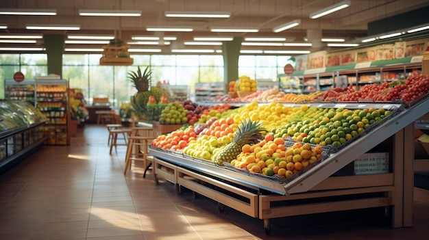 een supermarkt met een grote tentoonstelling van fruit en groenten
