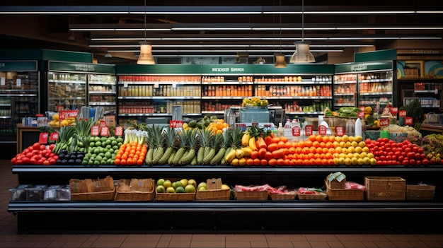 Foto een supermarkt vol met veel eten en meubels.