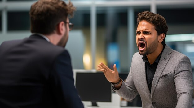 Foto een supervisor en een ondergeschikte schreeuwen tegen elkaar in een kantoor van een bedrijf