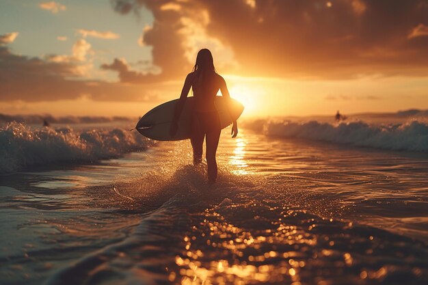 Een surfboarder rijdt op een golf voor de zon.