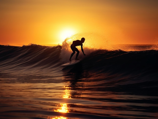 Een surfer berijdt een golf bij zonsondergang met de ondergaande zon achter hem.