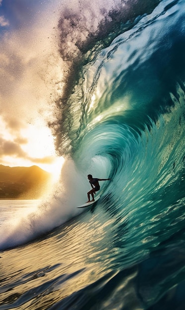 Een surfer berijdt een golf in de oceaan met de zon achter zich.