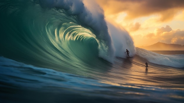 Een surfer berijdt een golf in de oceaan.