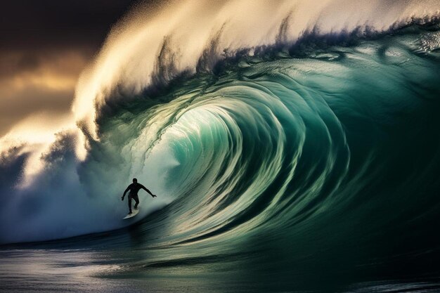 Een surfer berijdt een golf in de oceaan.