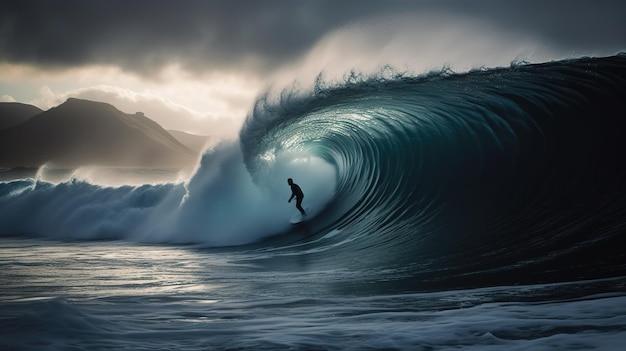 Een surfer berijdt een golf in de oceaan.