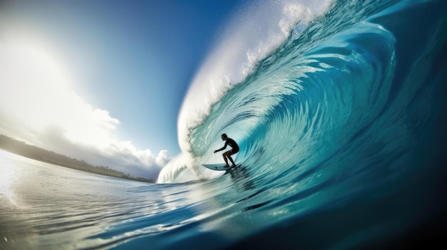 Een surfer berijdt een golf voor een blauwe lucht.