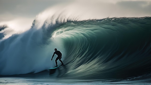 Een surfer berijdt een golf voor een donkere lucht.