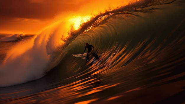 Een surfer berijdt een golf voor een zonsondergang.