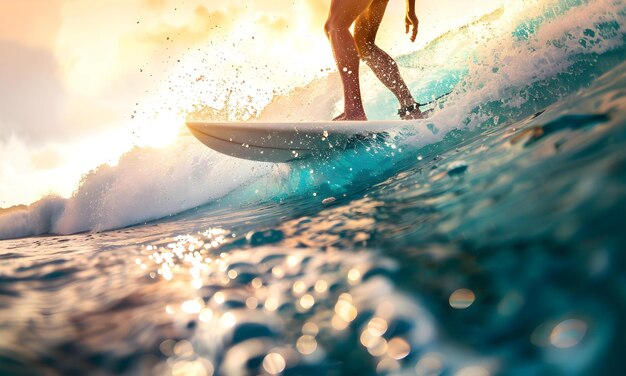 Een surfer die op de turquoise zee rijdt.